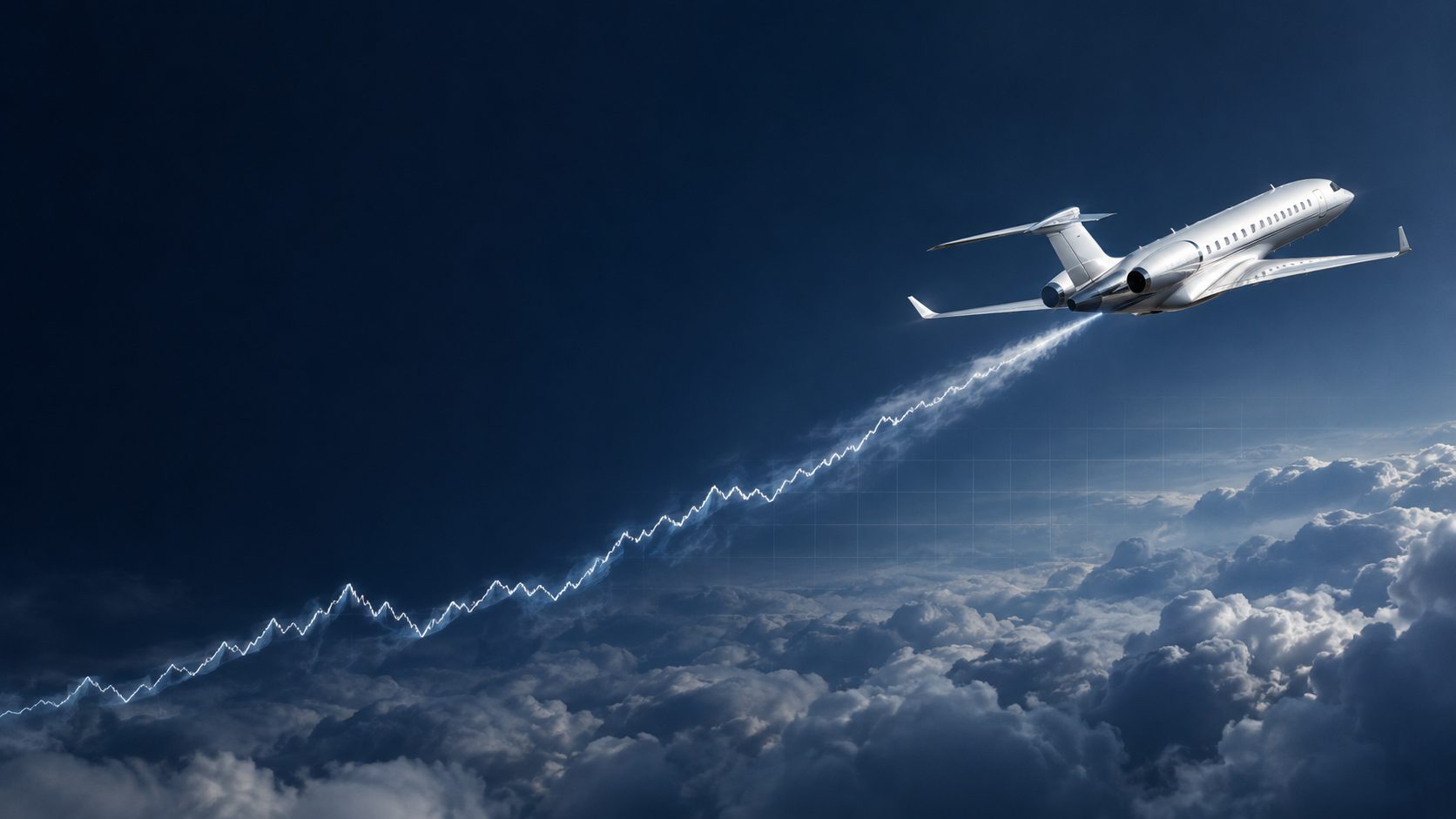 Business jet climbing above the clouds, its contrail tracing a rising market chart
