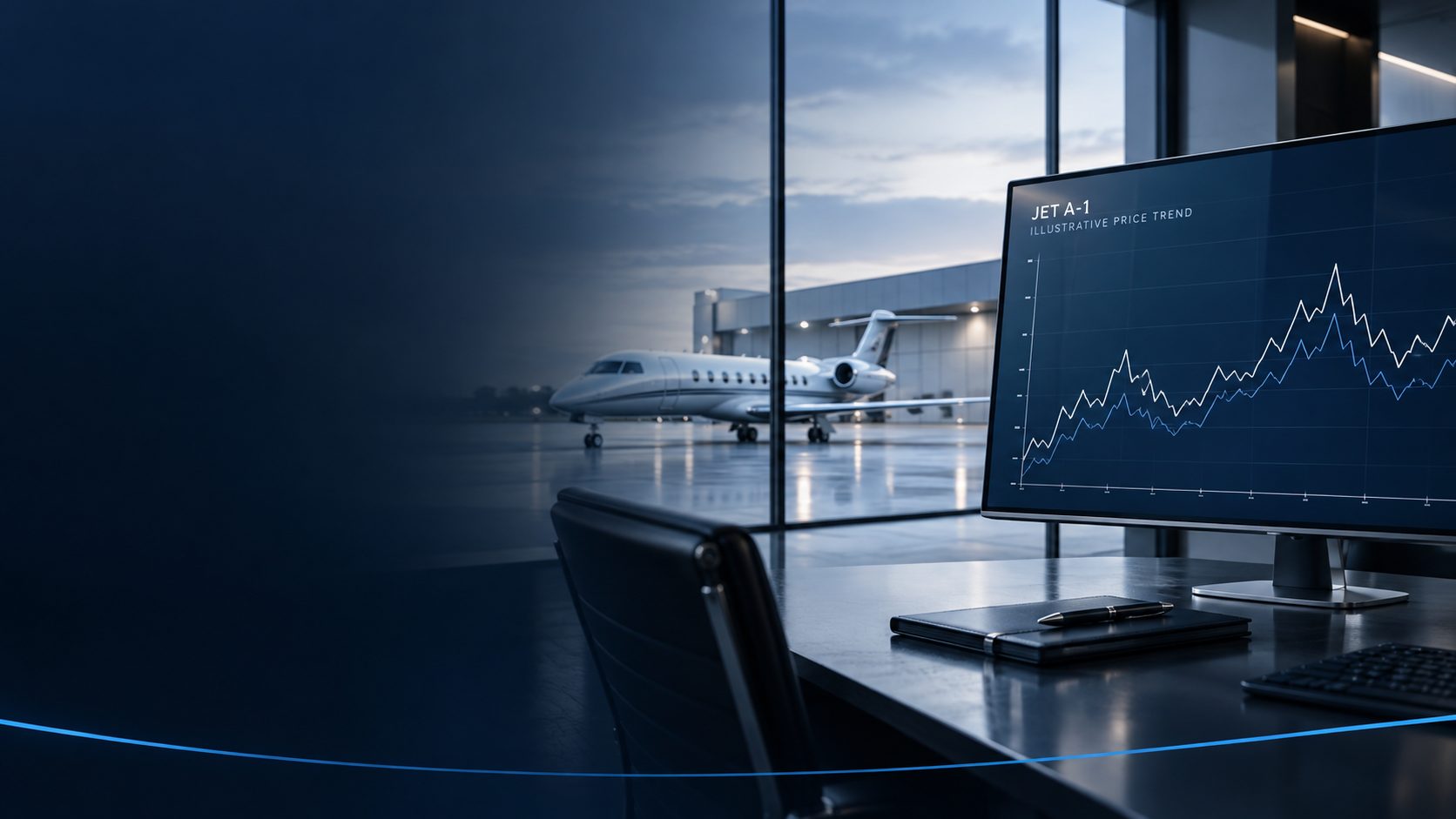 Desk with a Jet A-1 price chart on screen, a business jet visible through the window